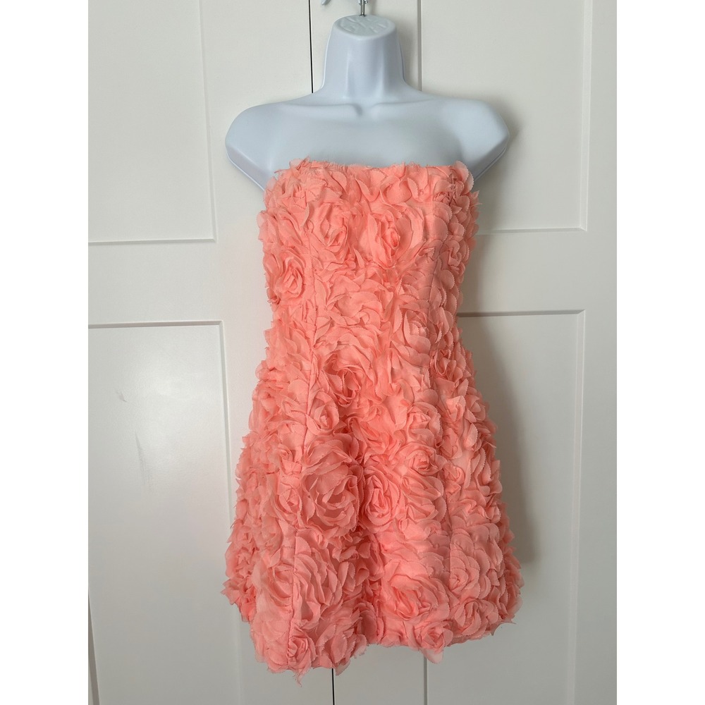 Oh Polly Pink Coral Rosette 3D Floral Lace Up Corset Mini Dress US 4 UK 8
